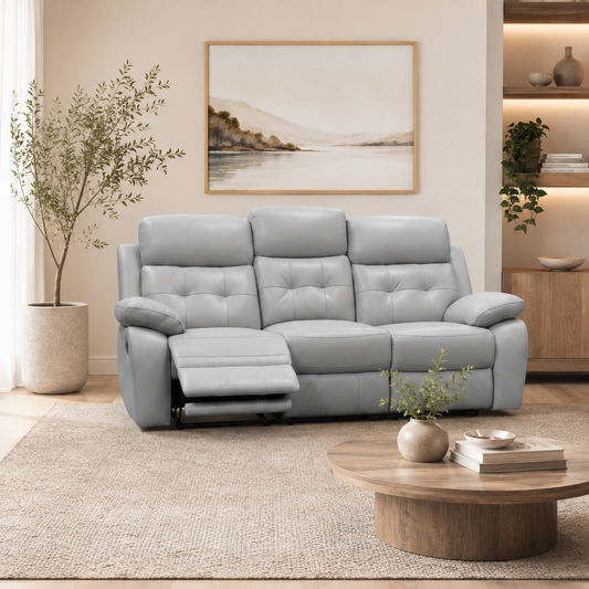 STELLAR 3PCE MANUAL LEATHER RECLINER SET - 3 SEATER + 2 SINGLE RECLINERS SILVER