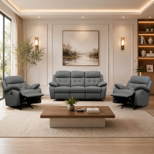 STELLAR 3PCE MANUAL LEATHER RECLINER SET - 3 SEATER + 2 SINGLE RECLINERS GREY