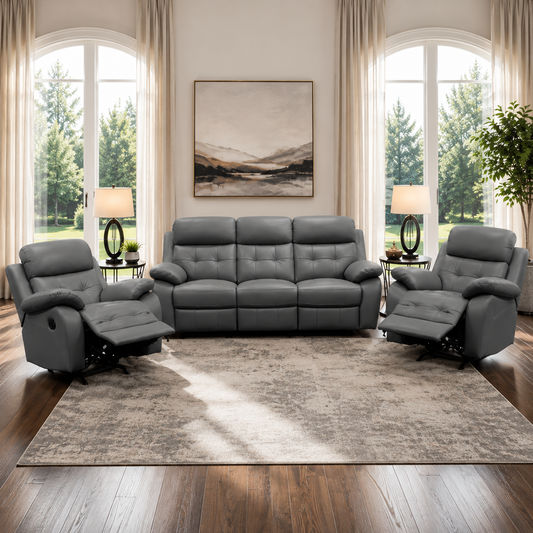 STELLAR 3PCE MANUAL LEATHER RECLINER SET - 3 SEATER + 2 SINGLE RECLINERS GREY
