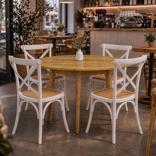 Fitan Solid Oak Round Dining Table 120cm & 4 Melrose Cross Back Chairs