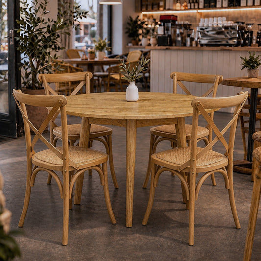 Fitan Solid Oak Round Dining Table 120cm & 4 Melrose Cross Back Chairs