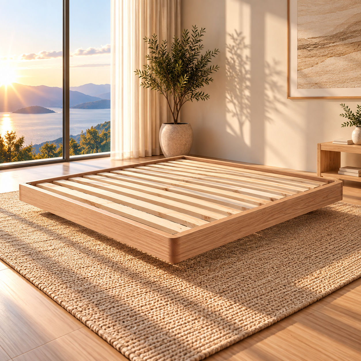 Malanya Solid Vic Ash Bed with Curved Edges & Floating Legs in Danish Oil — Made to Order