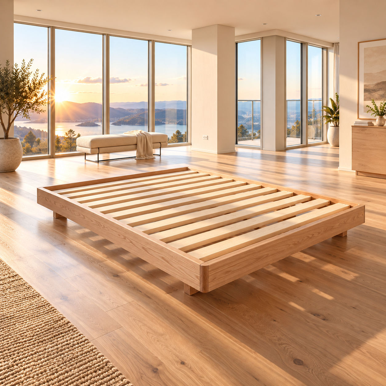 Malanya Solid Vic Ash Bed with Curved Edges & Floating Legs in Danish Oil — Made to Order