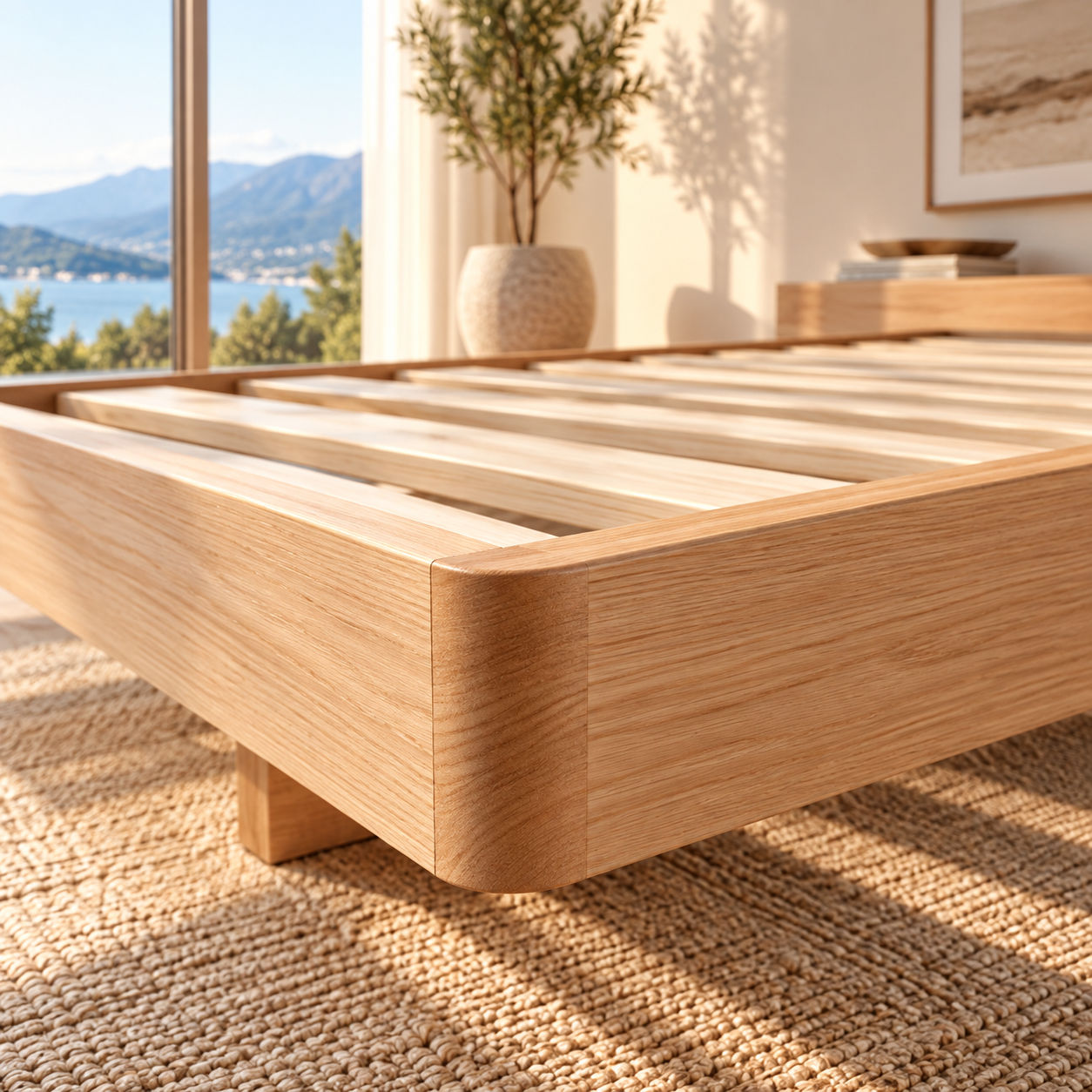Malanya Solid Vic Ash Bed with Curved Edges & Floating Legs in Danish Oil — Made to Order
