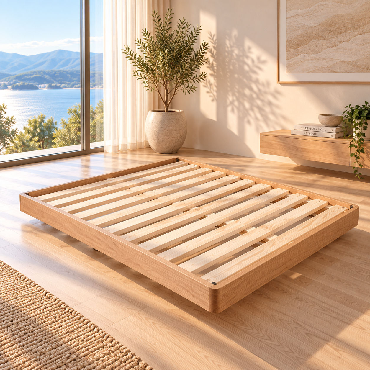Malanya Solid Vic Ash Bed with Curved Edges & Floating Legs in Danish Oil — Made to Order