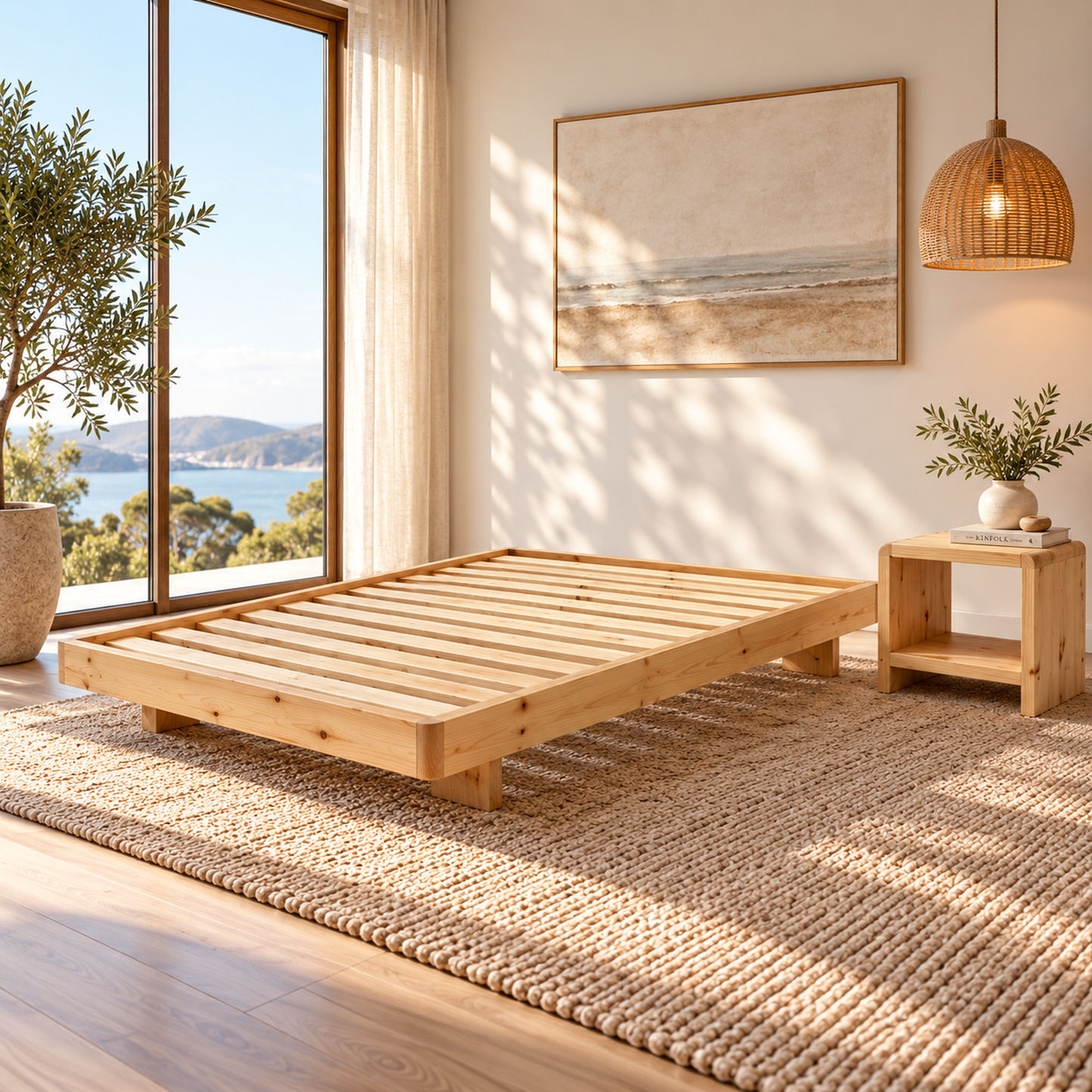 Malanya Solid Pine Bed with Curved Edges & Floating Legs — Made to Order