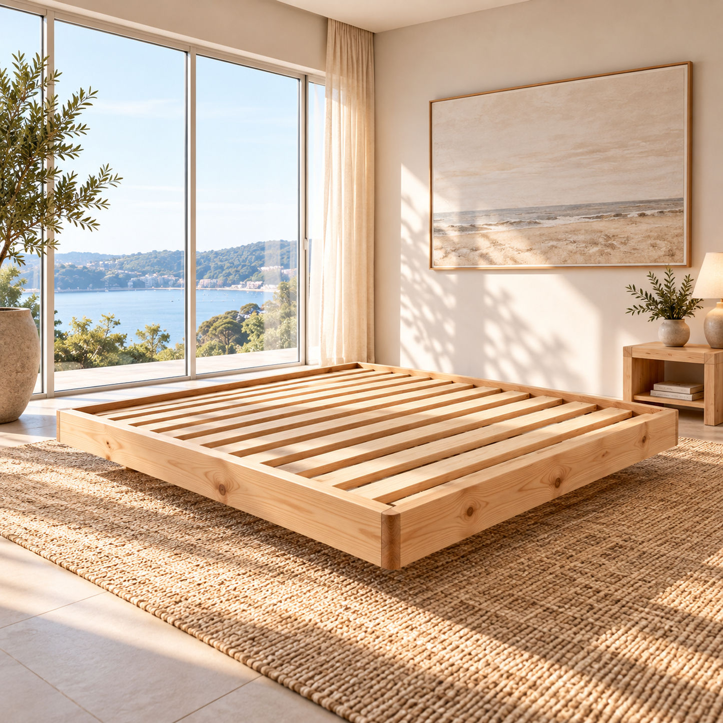 Malanya Solid Pine Bed with Curved Edges & Floating Legs — Made to Order