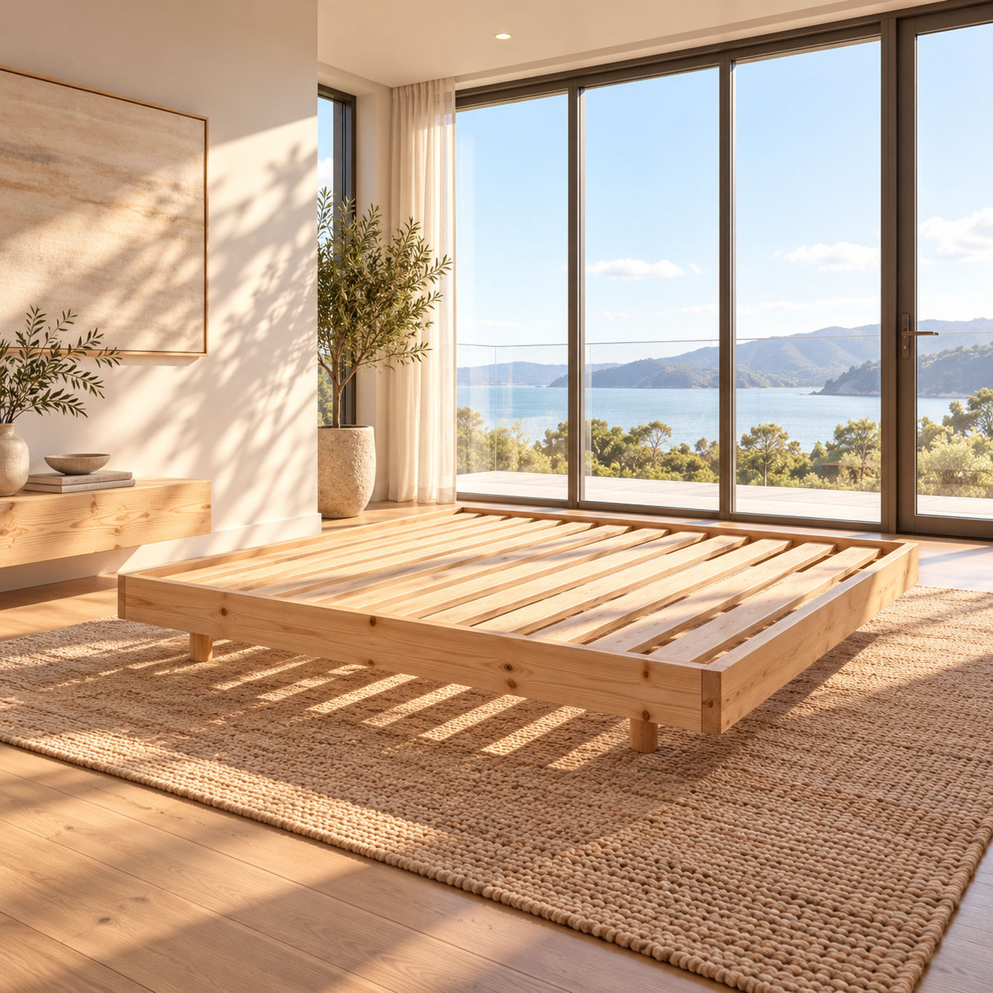 Malanya Solid Pine Bed with Curved Edges & Floating Legs — Made to Order