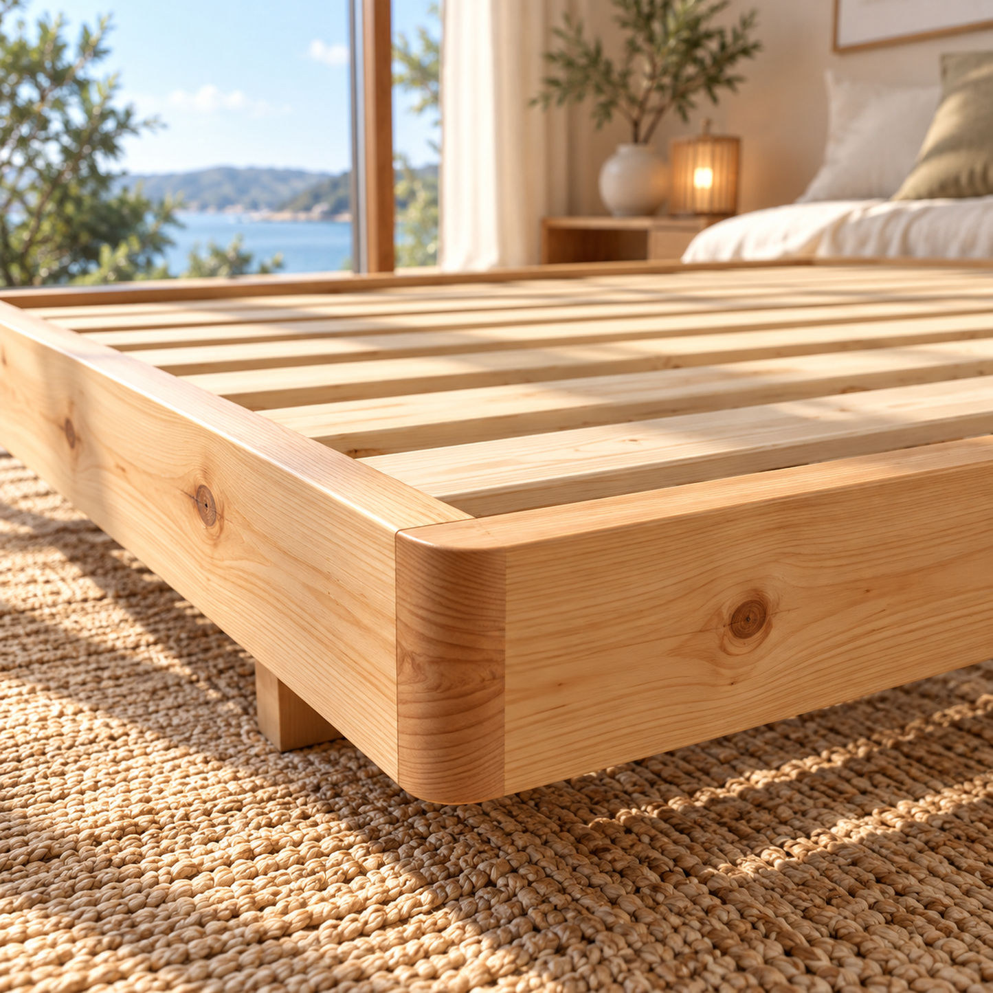 Malanya Solid Pine Bed with Curved Edges & Floating Legs — Made to Order