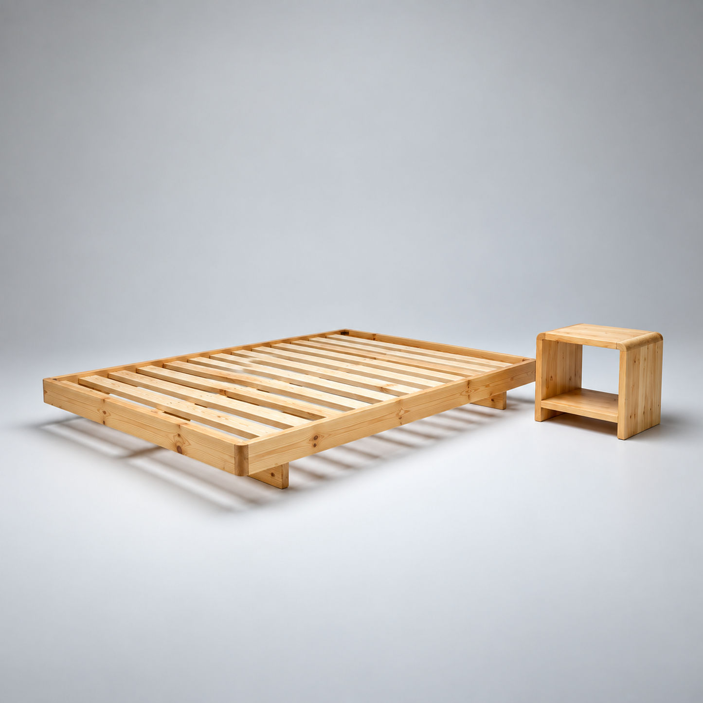 Malanya Solid Pine Bed with Curved Edges & Floating Legs — Made to Order