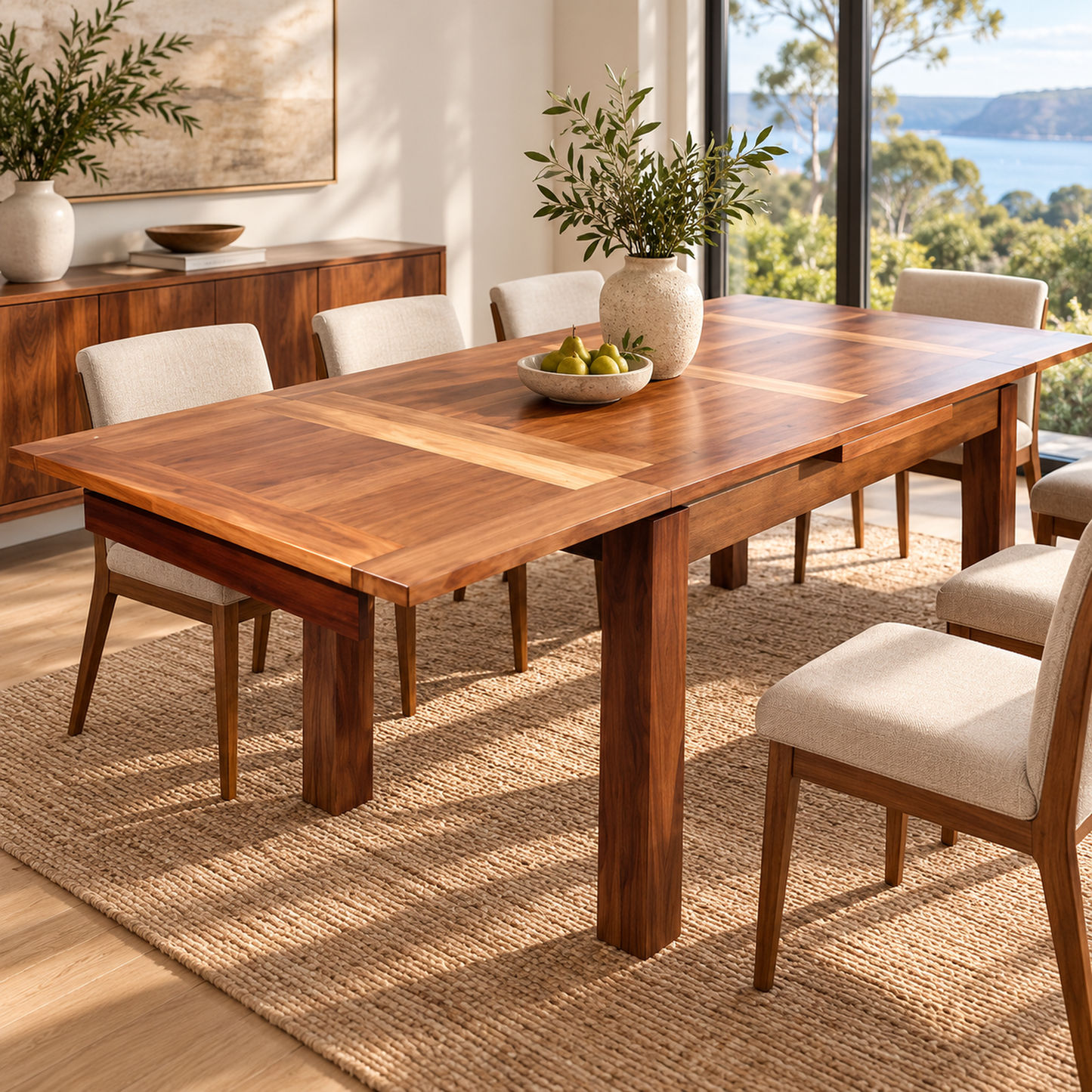 A rectangular wooden dining table with a warm medium-brown finish and matching upholstered chairs, styled in a bright modern dining room with large windows, plants, and a view of the water.