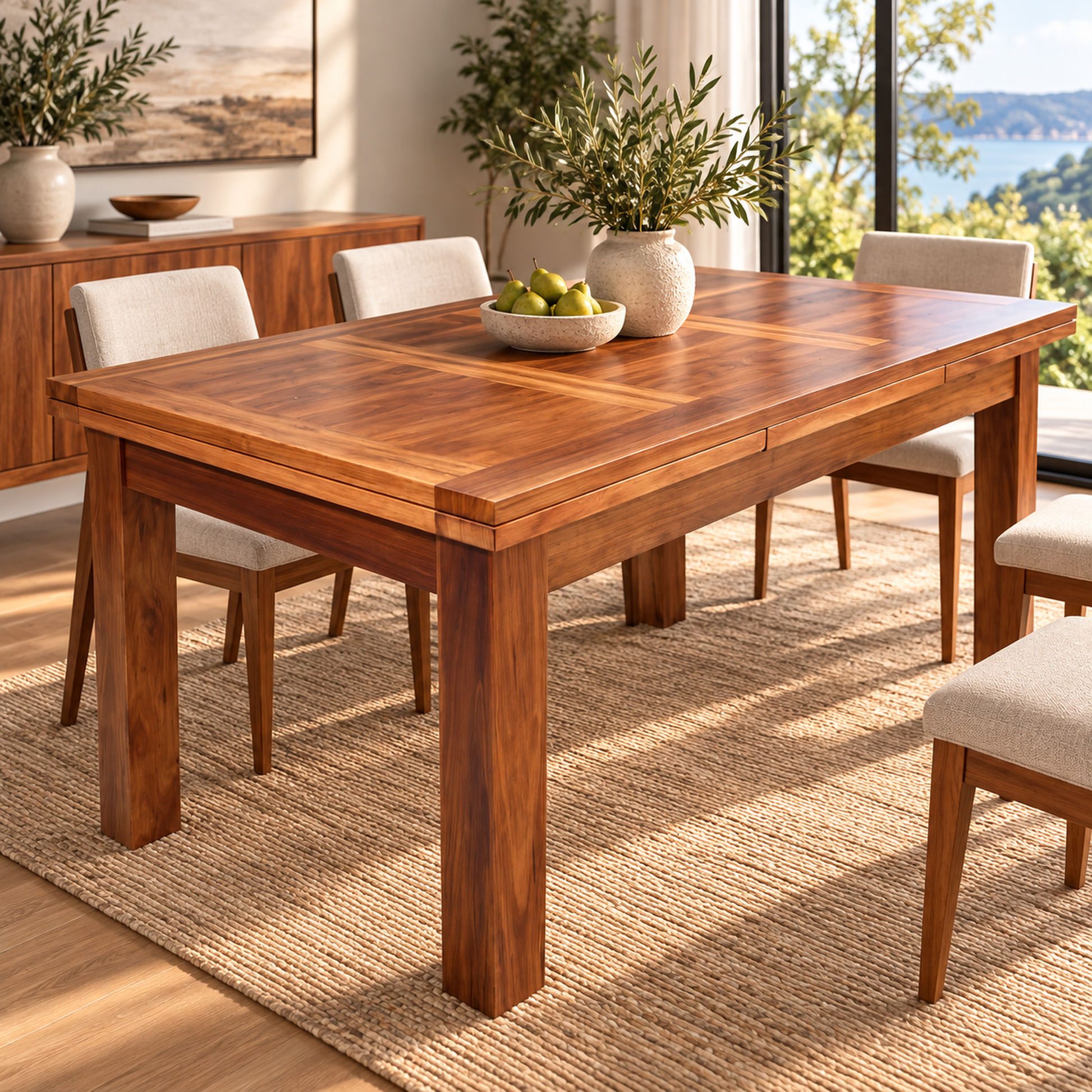 A rectangular wooden dining table with a warm medium-brown finish and matching upholstered chairs, styled in a bright modern dining room with plants, a bowl of green apples, and a large window overlooking water.