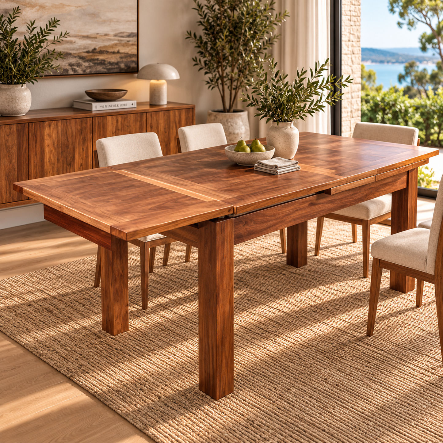 A rectangular wooden dining table with a warm medium-brown finish and an extendable leaf-inlay section, shown in a bright, modern dining room with cream upholstered chairs, a woven rug, and potted plants.