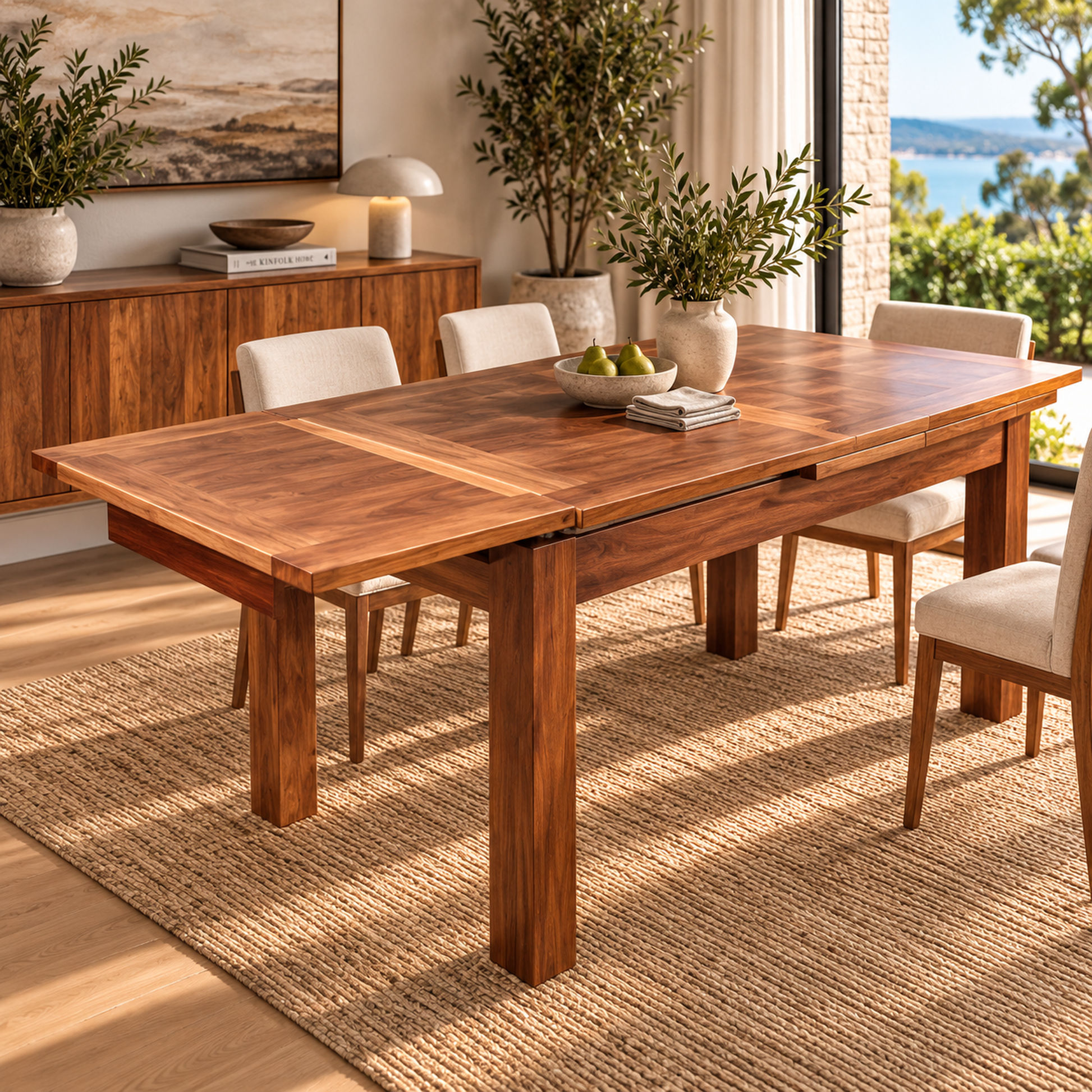 A rectangular wooden dining table with a warm medium-brown finish and an extendable leaf-inlay section, shown in a bright, modern dining room with cream upholstered chairs, a woven rug, and potted plants.