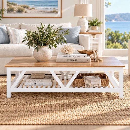 Donovan Timber Coffee Table - Mango Wood Top - 160cm Natural/White