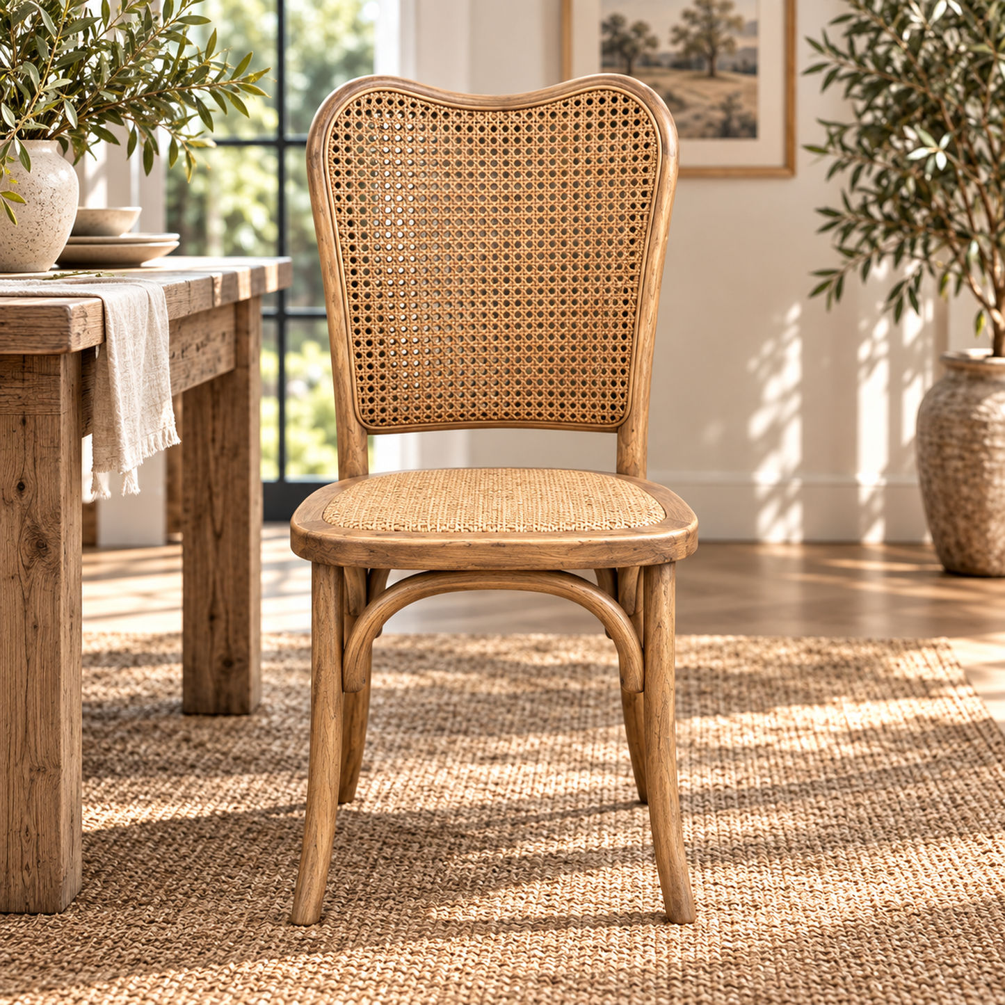 Dumas Solid Oak & Rattan Arched Back Dining Chair in Natural - MyChocolateWood