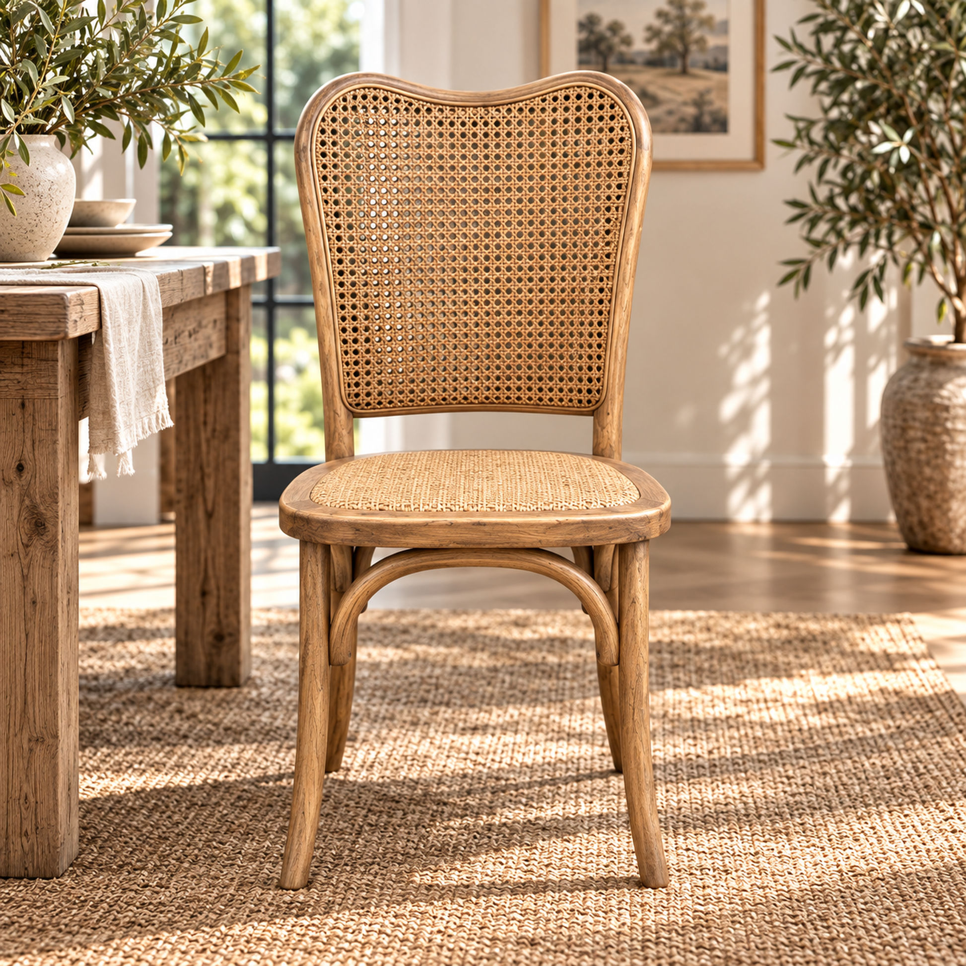 Dumas Solid Oak & Rattan Arched Back Dining Chair in Natural - MyChocolateWood