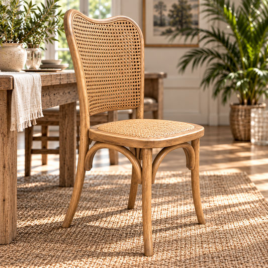 Dumas Solid Oak & Rattan Arched Back Dining Chair in Natural