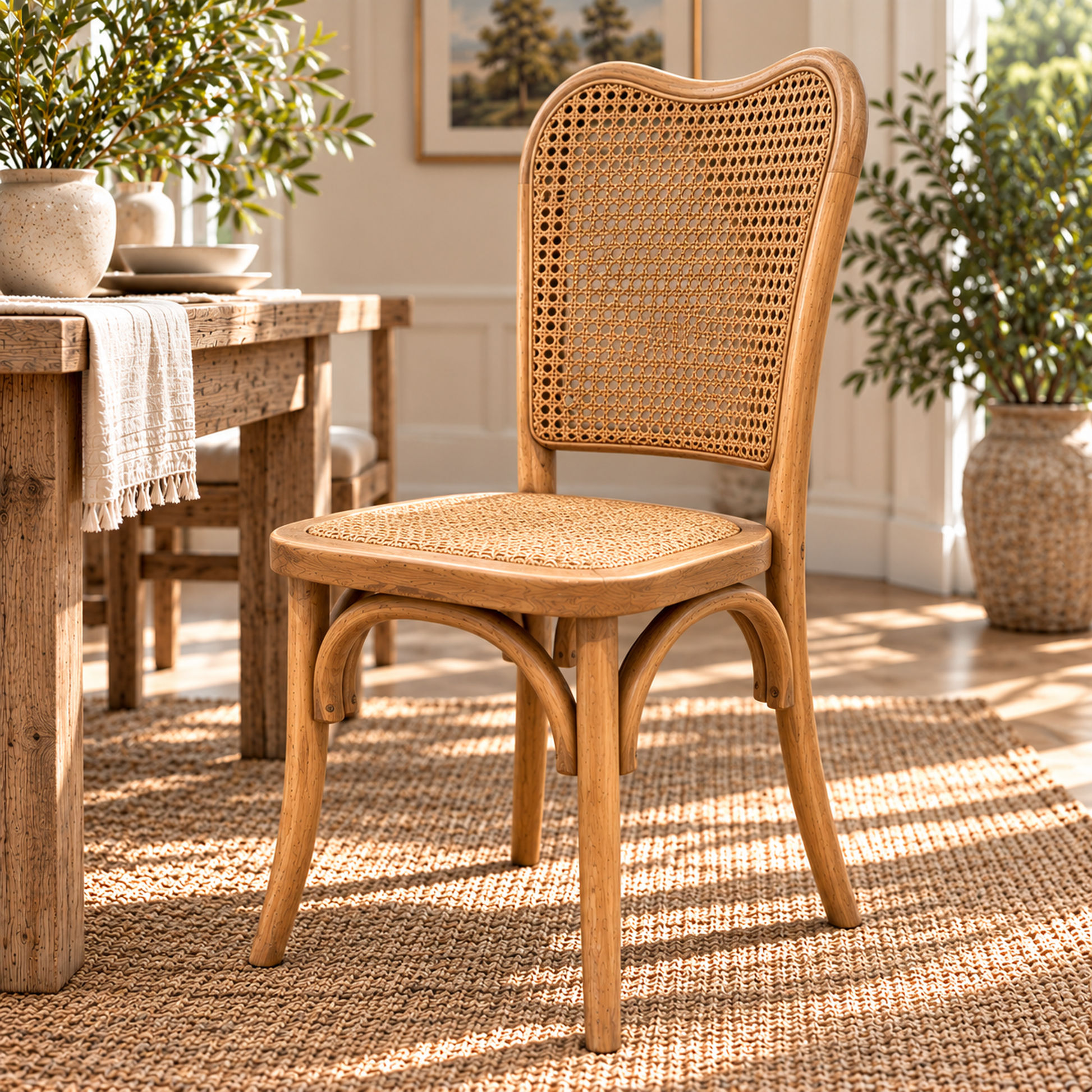 Dumas Solid Oak & Rattan Arched Back Dining Chair in Natural - MyChocolateWood