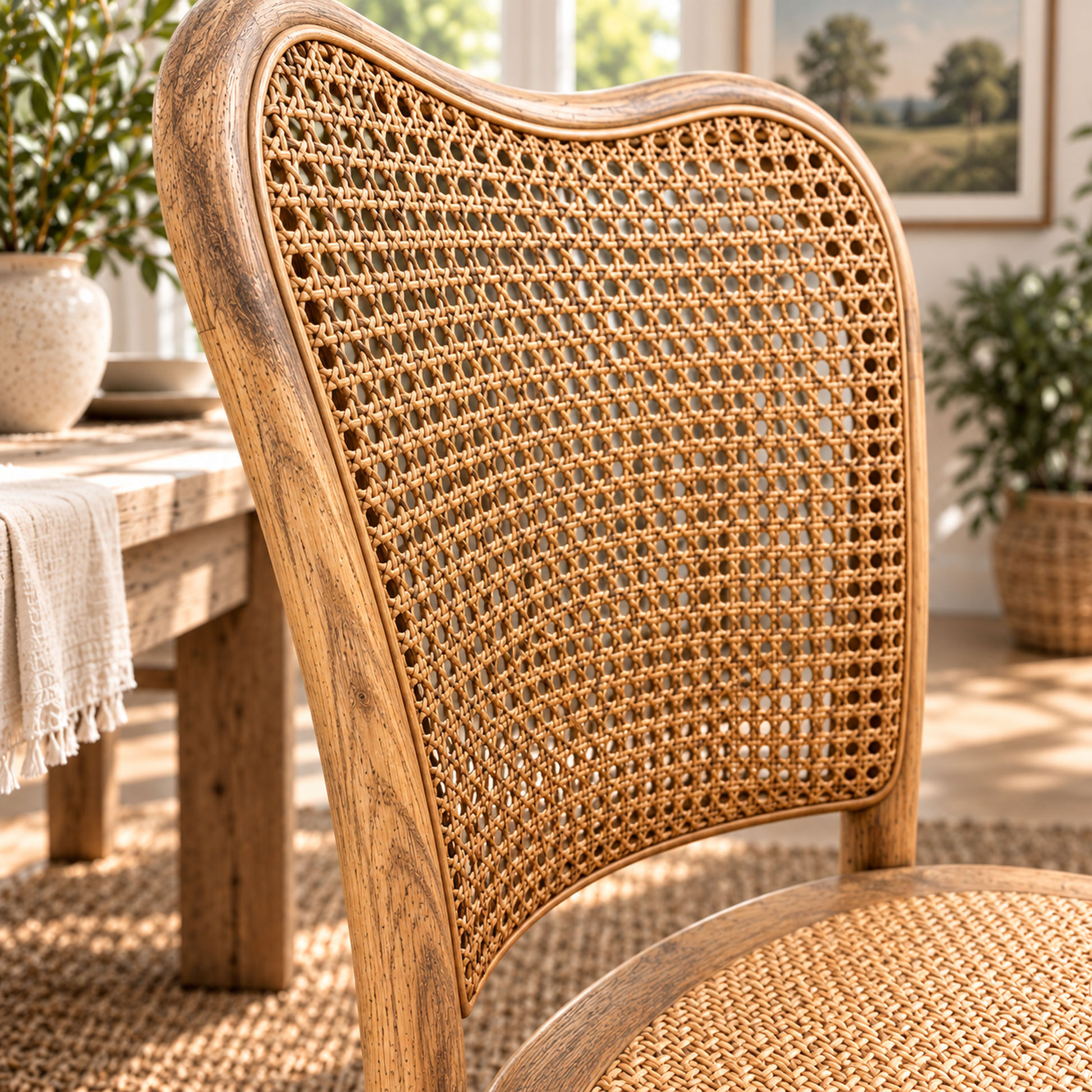 Dumas Solid Oak & Rattan Arched Back Dining Chair in Natural - MyChocolateWood