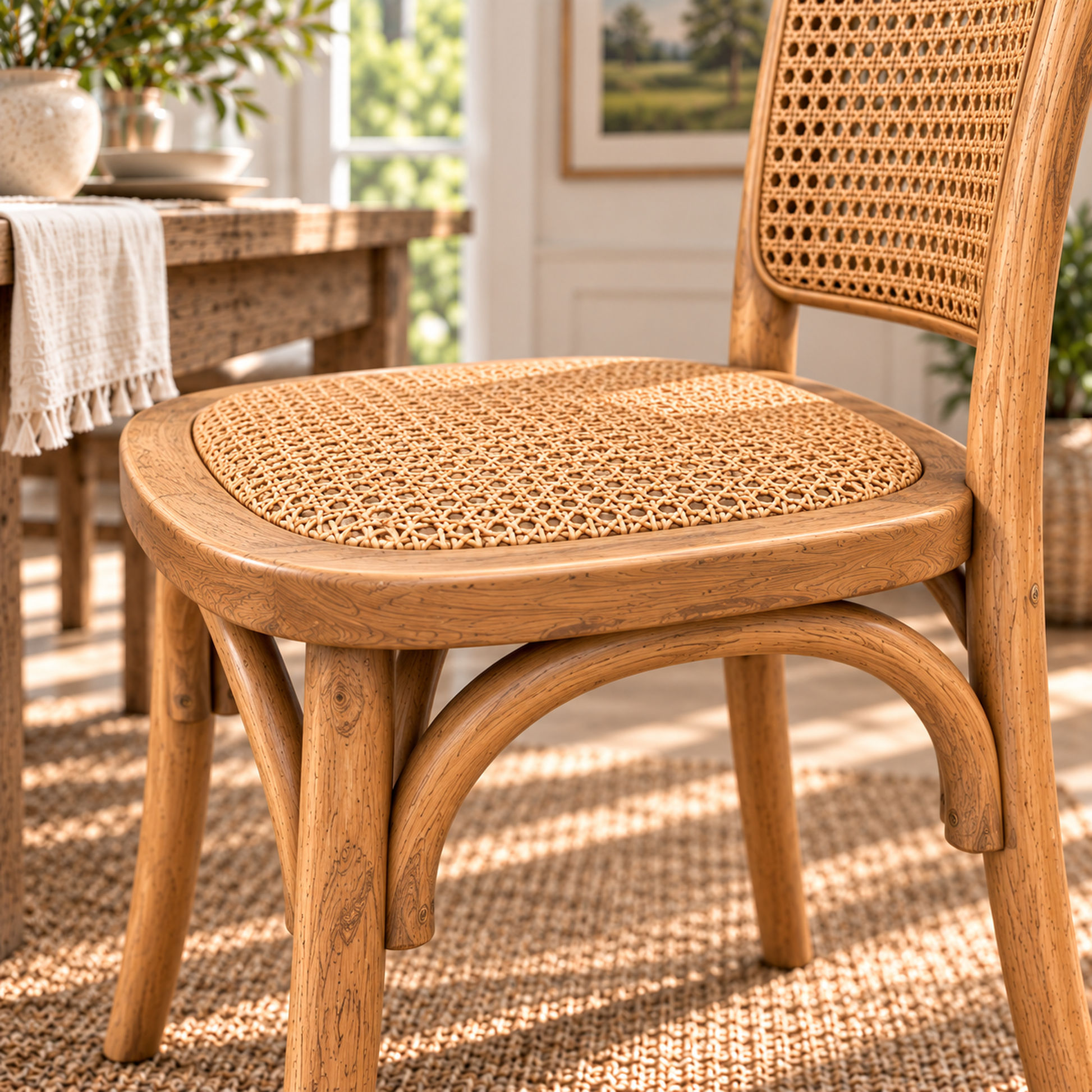 Dumas Solid Oak & Rattan Arched Back Dining Chair in Natural - MyChocolateWood