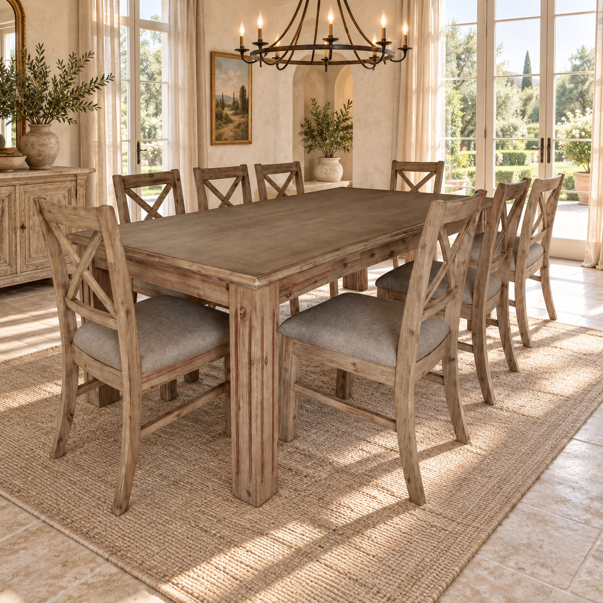 Devonshire Acacia Dining Table + Chairs Set in Brushed Khaki - Chocolate Wood