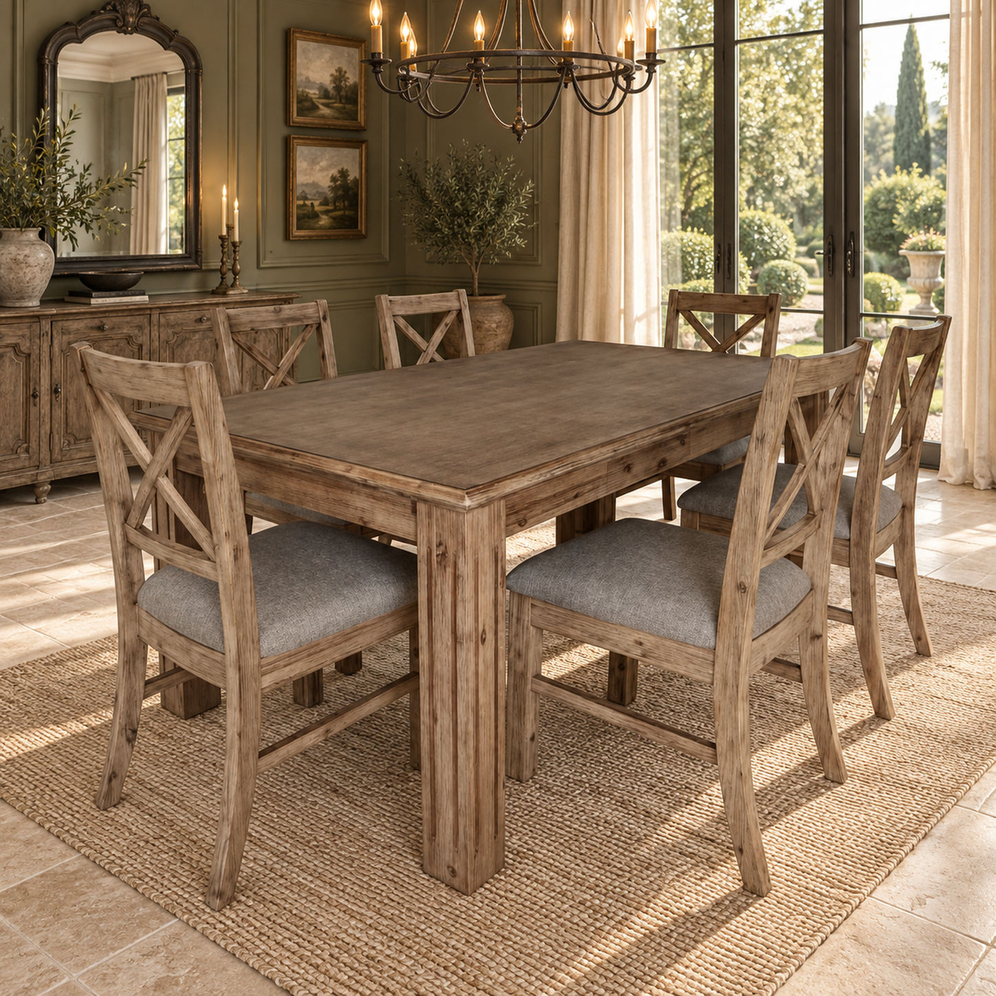 Devonshire Acacia Dining Table + Chairs Set in Brushed Khaki - Chocolate Wood