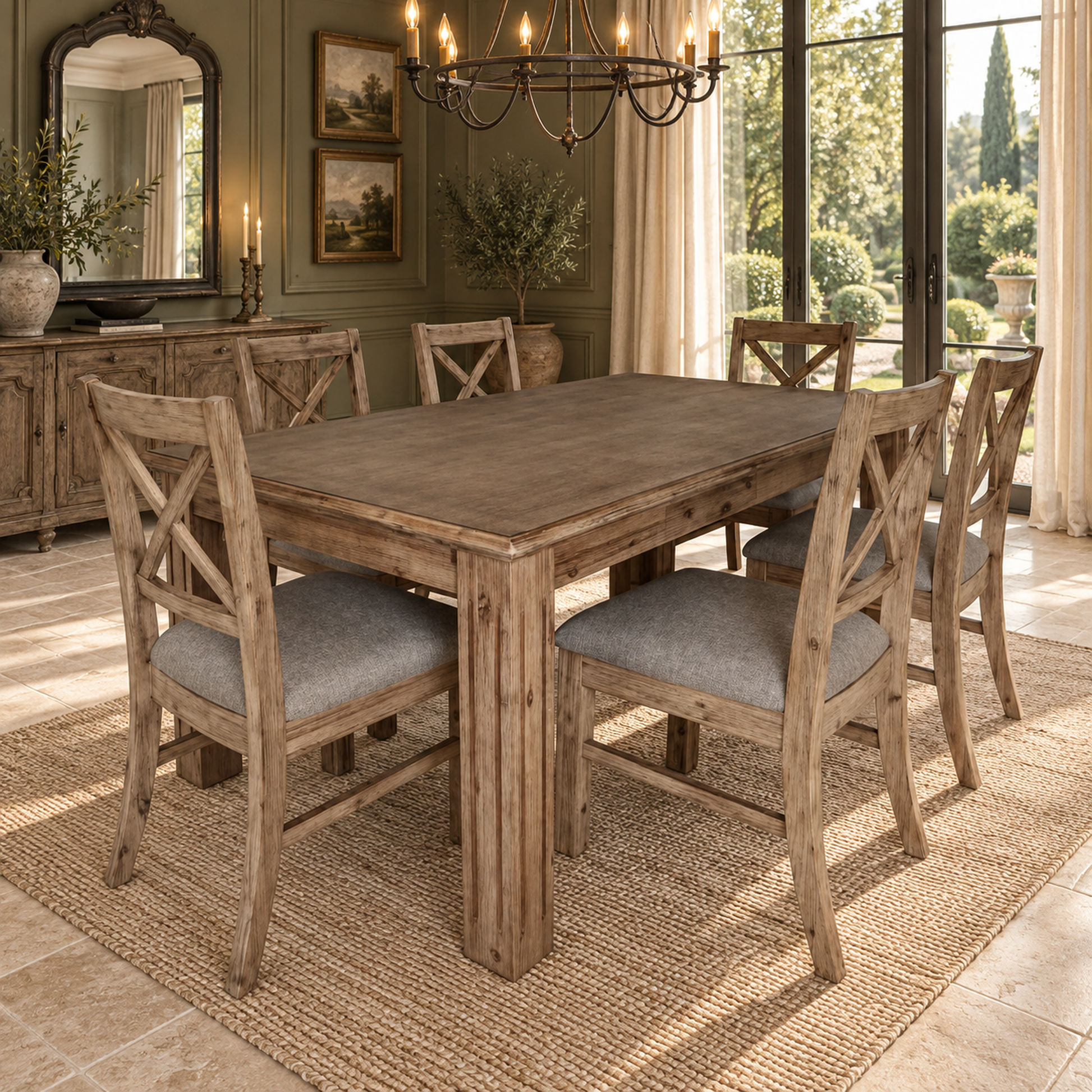 Devonshire Acacia Dining Table + Chairs Set in Brushed Khaki - Chocolate Wood