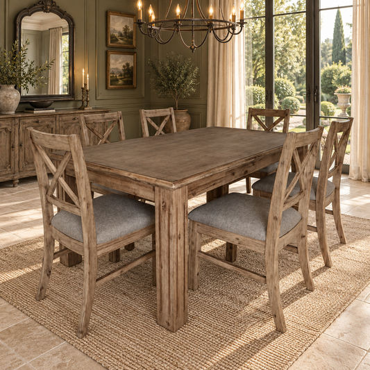 Devonshire Acacia Dining Table + Chairs Set in Brushed Khaki - Chocolate Wood