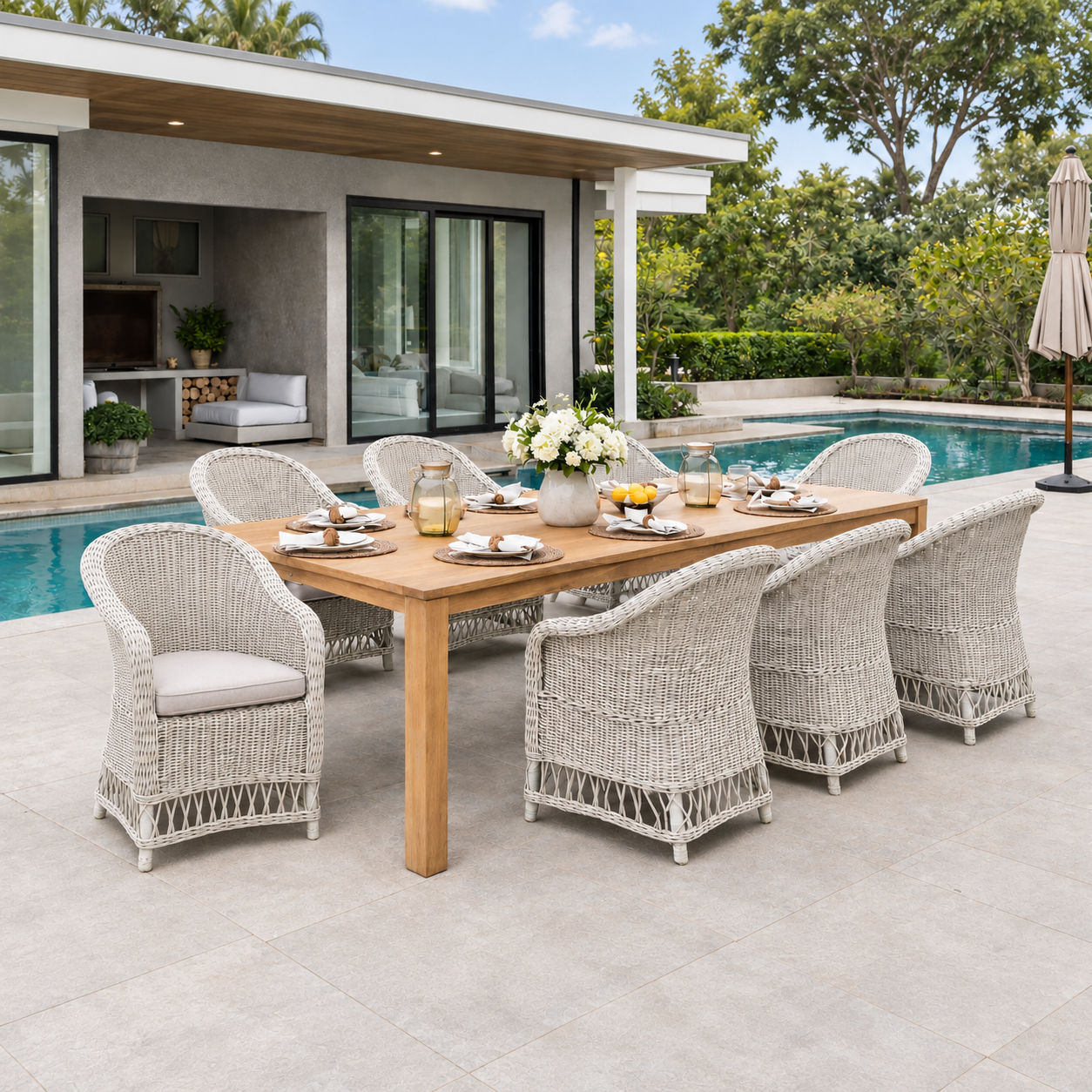 Clariel Acacia Wood Outdoor Dining Table in Vintage Light Teak