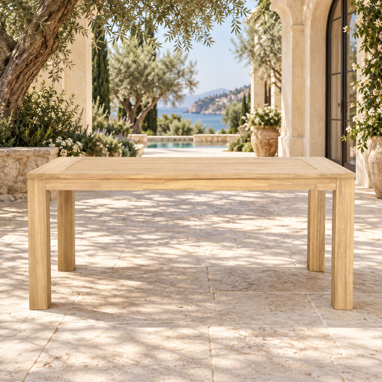 Clariel Acacia Wood Outdoor Dining Table in Vintage Light Teak