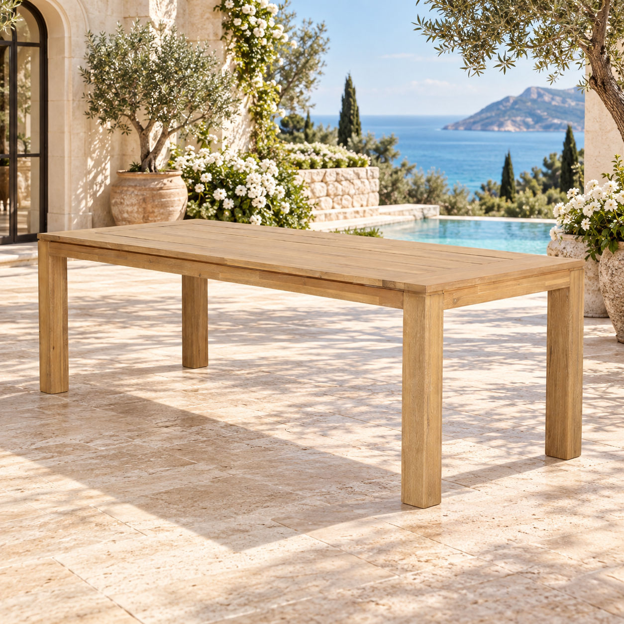 Clariel Acacia Wood Outdoor Dining Table in Vintage Light Teak