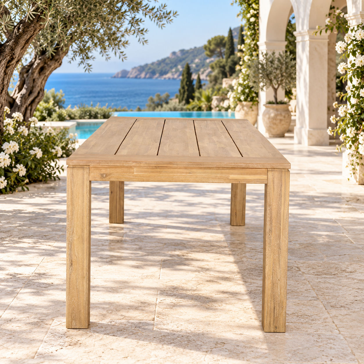 Clariel Acacia Wood Outdoor Dining Table in Vintage Light Teak