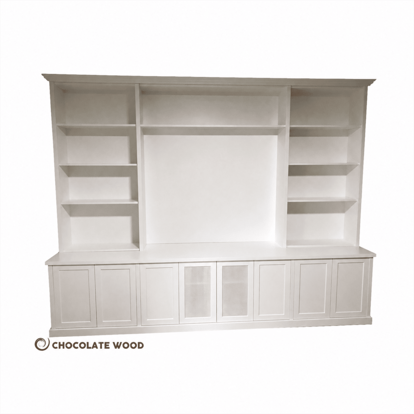 Harrington 5-piece wall unit in White, studio view with frosted glass centre doors