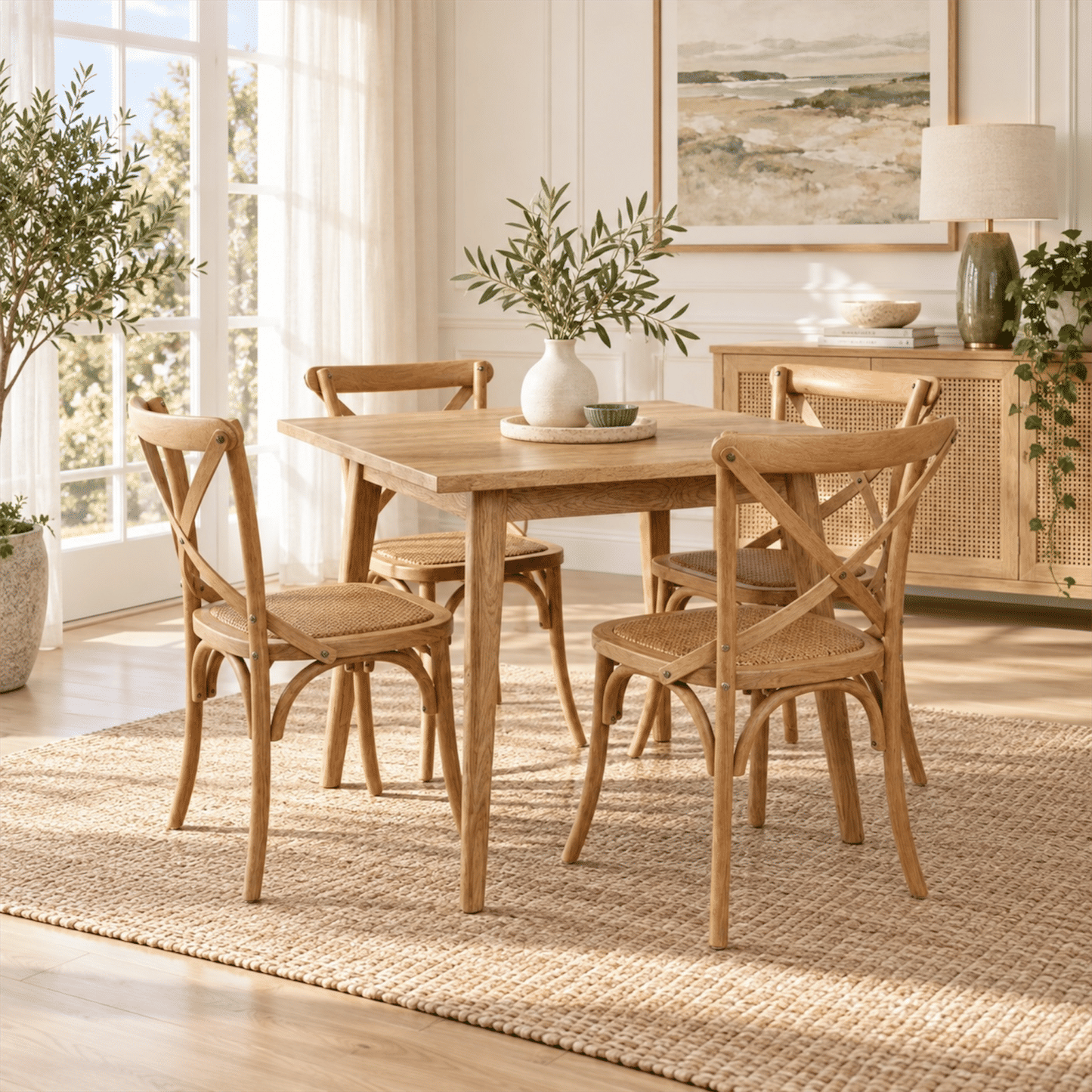 Fitan Solid Oak Square Dining Table 90cm & 4 Melrose Elm Cross Back Chairs