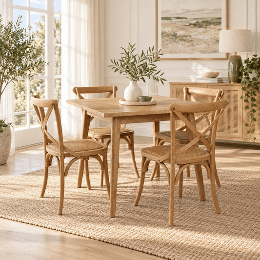 Fitan Solid Oak Square Dining Table 90cm & 4 Melrose Elm Cross Back Chairs