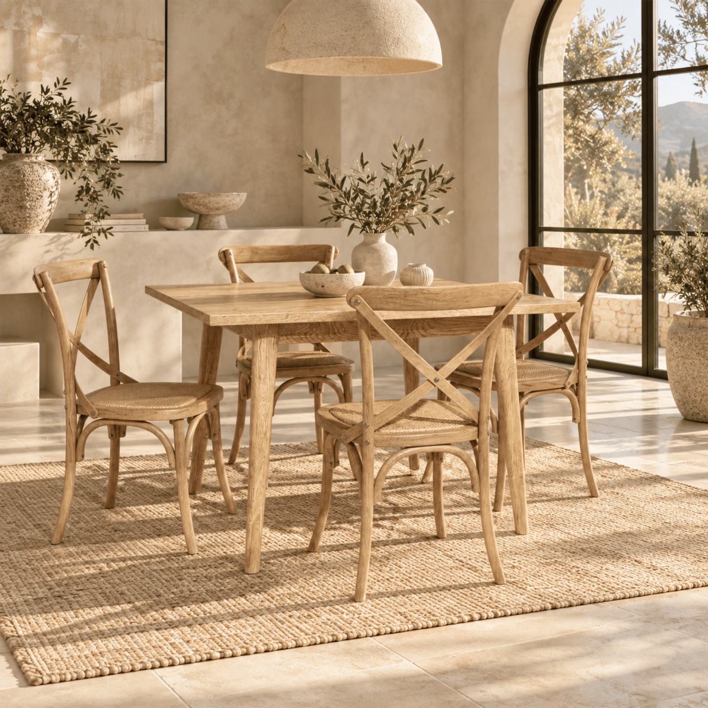 Fitan Solid Oak Square Dining Table 90cm & 4 Melrose Elm Cross Back Chairs