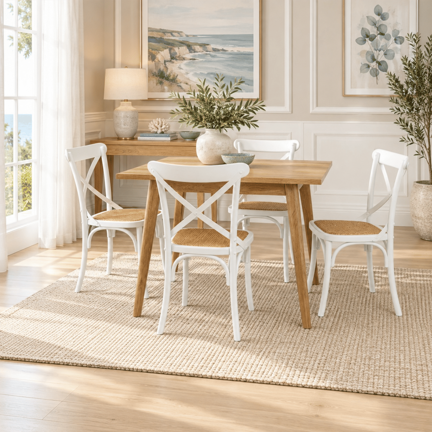 Fitan Solid Oak Square Dining Table 90cm & 4 Melrose Elm Cross Back Chairs