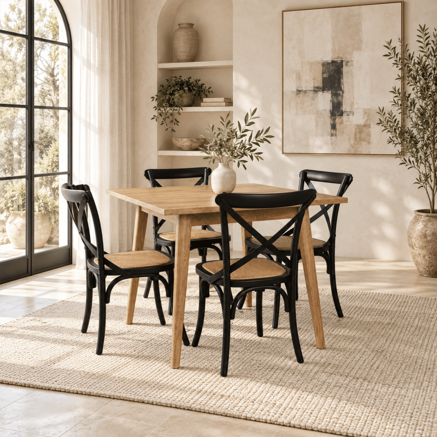 Fitan Solid Oak Square Dining Table 90cm & 4 Melrose Elm Cross Back Chairs