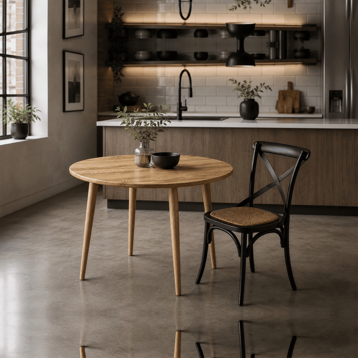 Fitan Solid Oak Round Dining Table 120cm & 4 Melrose Elm Cross Back Chairs