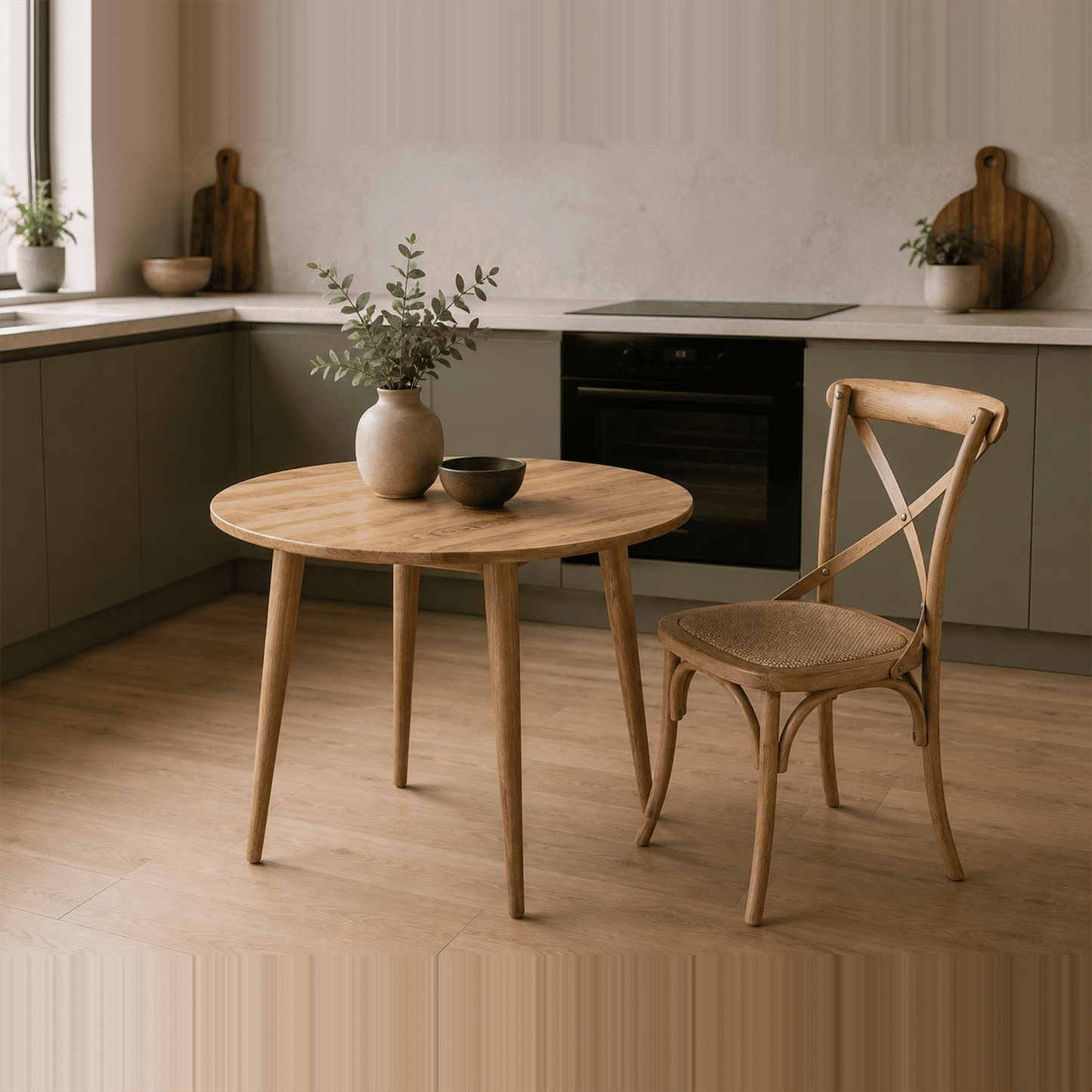 Fitan Solid Oak Round Dining Table 120cm & 4 Melrose Elm Cross Back Chairs