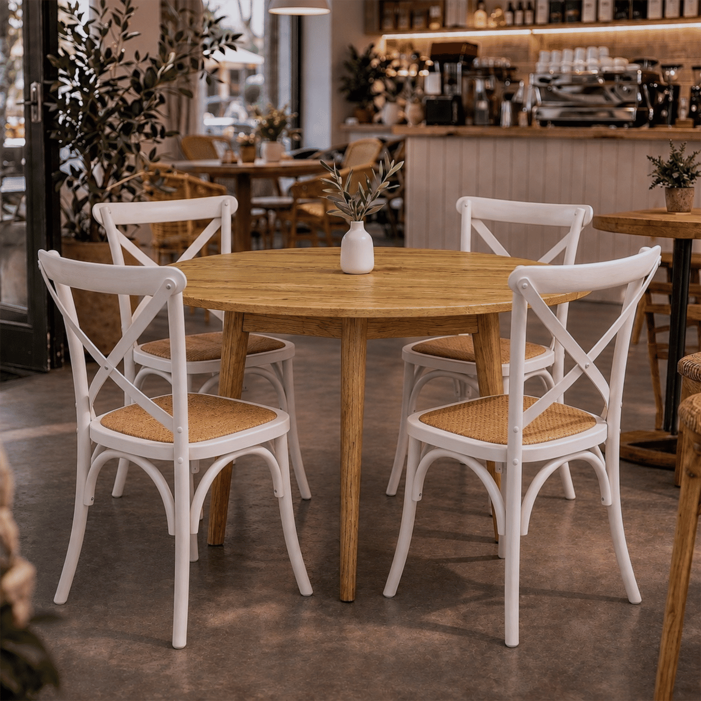 Fitan Solid Oak Round Dining Table 120cm & 4 Melrose Elm Cross Back Chairs