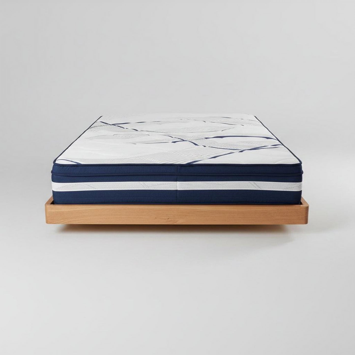 Malanya Solid Vic Ash Queen Bed with Curved Edges & Floating Legs & Sleeprite Ortho Posture Queen Mattress — Floor Stock, Available Now