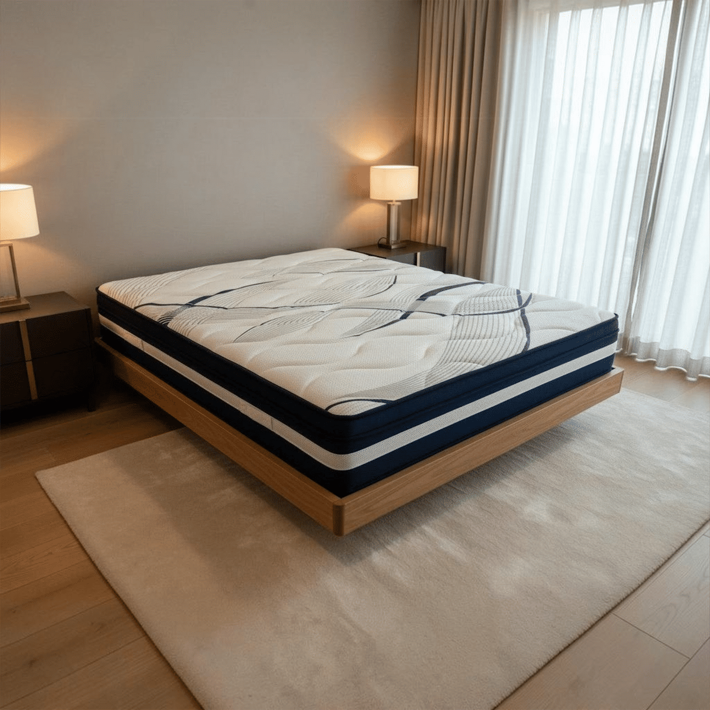 Malanya Solid Vic Ash Queen Bed with Curved Edges & Floating Legs & Sleeprite Ortho Posture Queen Mattress — Floor Stock, Available Now