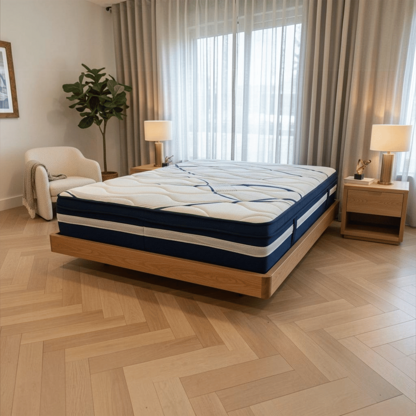 Malanya Solid Vic Ash Queen Bed with Curved Edges & Floating Legs & Sleeprite Ortho Posture Queen Mattress — Floor Stock, Available Now