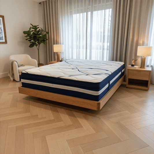 Malanya Solid Vic Ash Queen Bed with Curved Edges & Floating Legs & Sleeprite Ortho Posture Queen Mattress — Floor Stock, Available Now