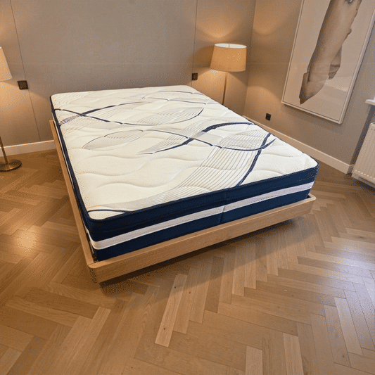 Malanya Solid Vic Ash Queen Bed with Curved Edges & Floating Legs & Sleeprite Ortho Posture Queen Mattress — Floor Stock, Available Now