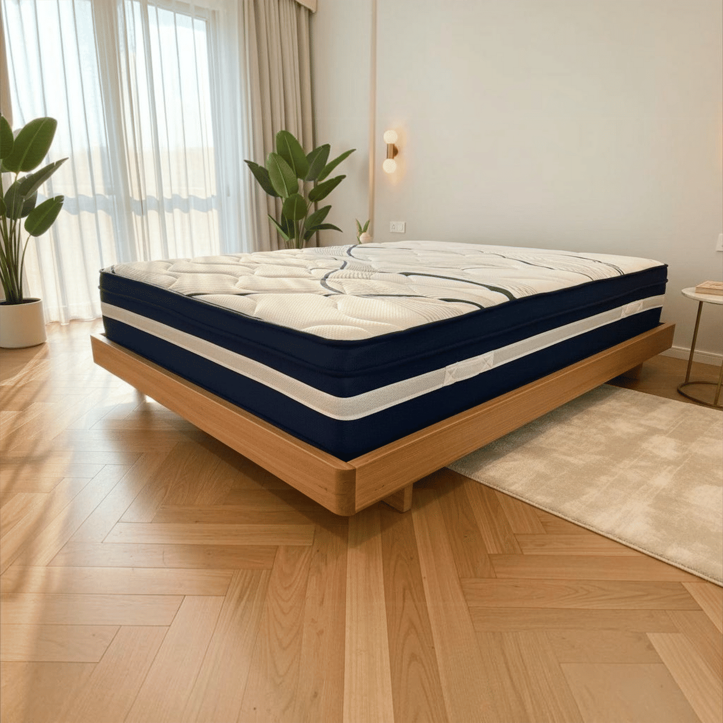 Malanya Solid Vic Ash Queen Bed with Curved Edges & Floating Legs & Sleeprite Ortho Posture Queen Mattress — Floor Stock, Available Now