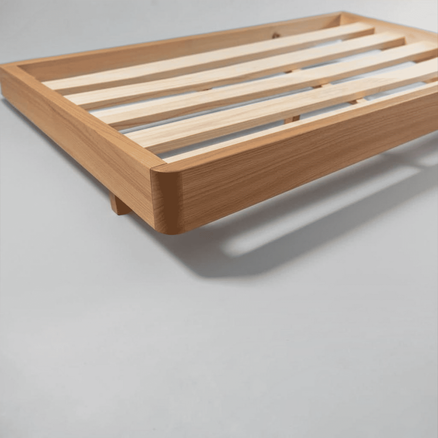 Malanya Solid Vic Ash Queen Bed with Curved Edges & Floating Legs & Sleeprite Ortho Posture Queen Mattress — Floor Stock, Available Now