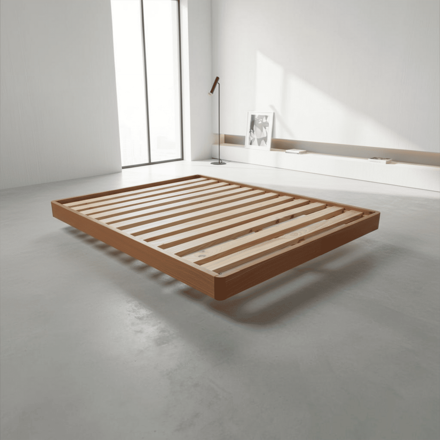 Malanya Solid Vic Ash Queen Bed with Curved Edges & Floating Legs & Sleeprite Ortho Posture Queen Mattress — Floor Stock, Available Now